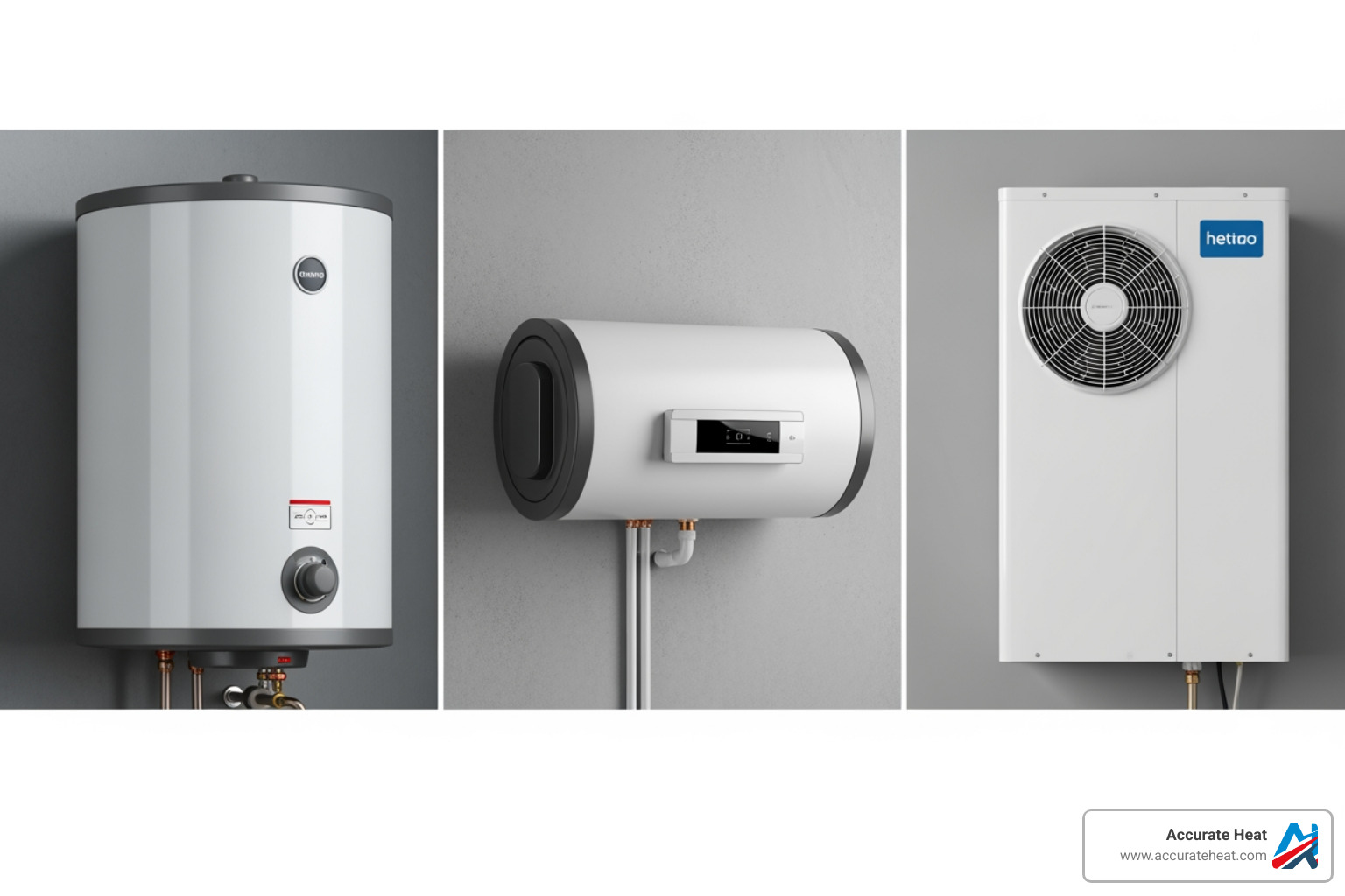 Side-by-side comparison of a tank, tankless, and heat pump water heater - hot water unit replacement