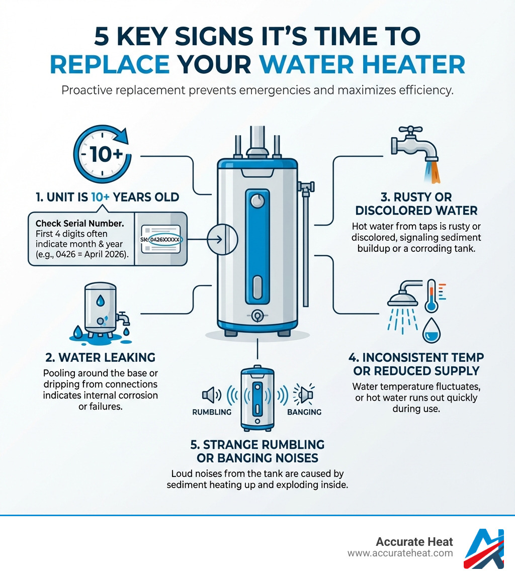 Infographic showing 5 key signs it's time to replace your water heater: 1) Unit is 10+ years old with serial number location diagram, 2) Water leaking from tank base or connections, 3) Rusty or discolored hot water coming from taps, 4) Inconsistent water temperature or reduced hot water supply, 5) Strange rumbling or banging noises from the tank - hot water unit replacement infographic 