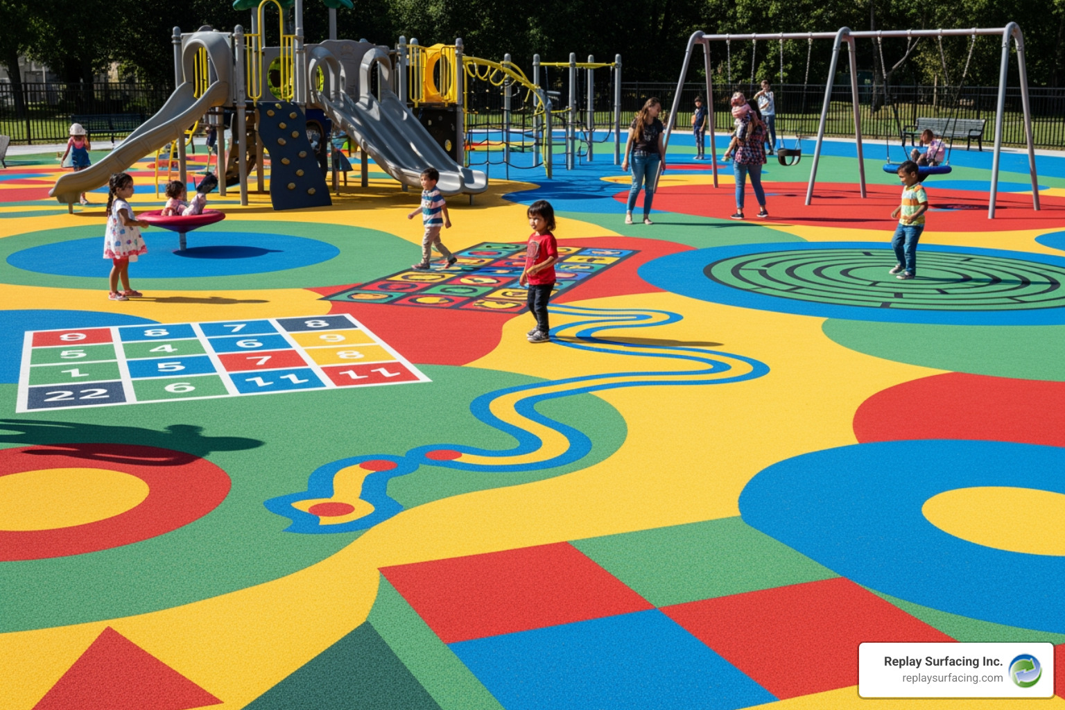 Colorful, custom-designed poured-in-place rubber playground with integrated games - playground floor covering in Raleigh, NC Colorful, custom-designed poured-in-place rubber playground with integrated games - playground floor covering in Raleigh, NC