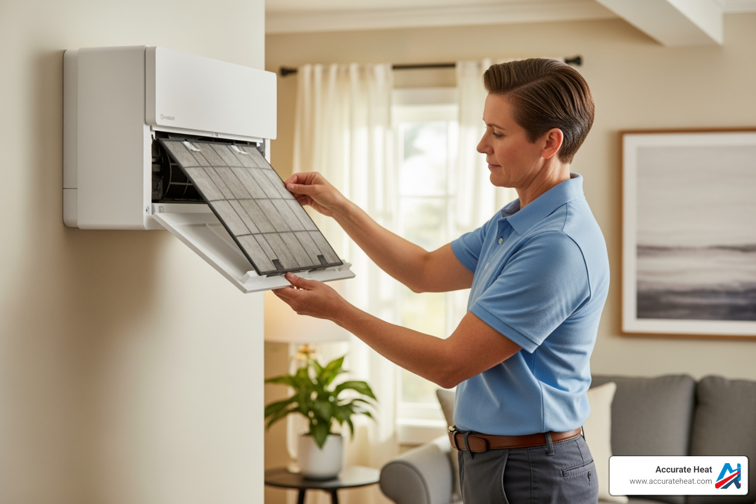 homeowner removing mini-split filter - Ductless mini split maintenance