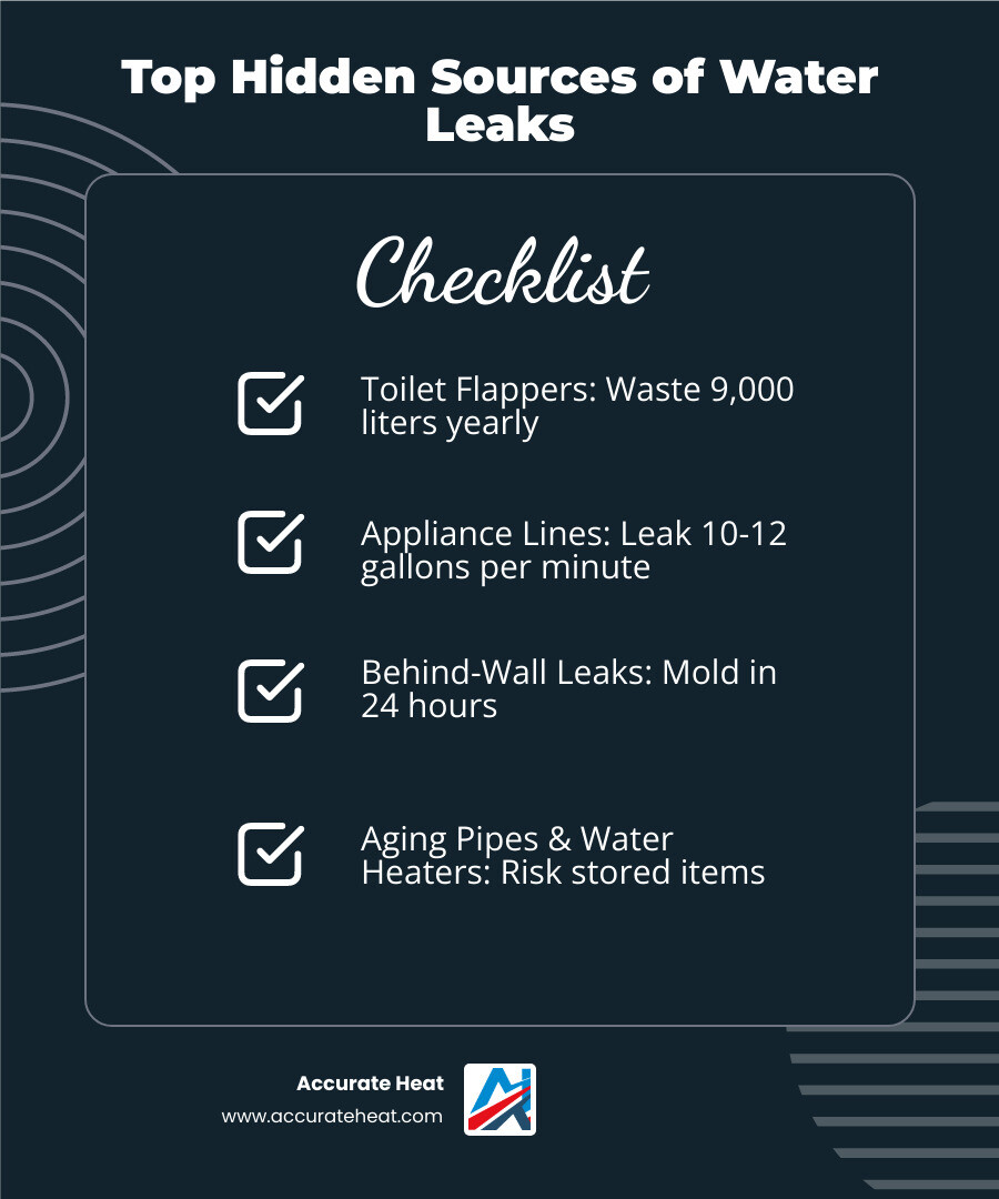 Infographic showing the top 5 hidden sources of water leaks in a home: 1. Toilet flappers that can waste 9,000 liters yearly, 2. Appliance water lines that can leak 10-12 gallons per minute, 3. Irrigation system cracks wasting 6,300 gallons monthly, 4. Behind-the-wall bathroom leaks causing mold in 24 hours, 5. Aging pipes and water heaters in basements putting stored items at risk - digital water leak detector infographic checklist-dark-blue