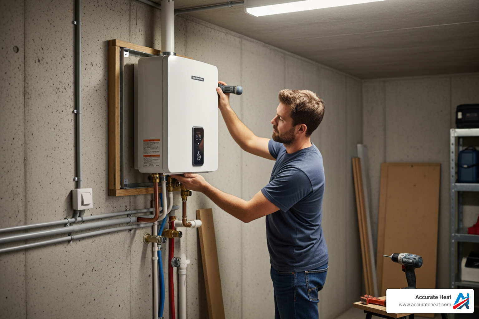 Mounting a tankless water heater to a wall - indoor tankless water heater installation