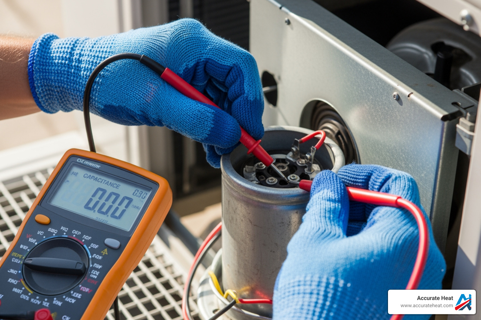 technician using a multimeter to test an AC capacitor - AC capacitor replacement cost