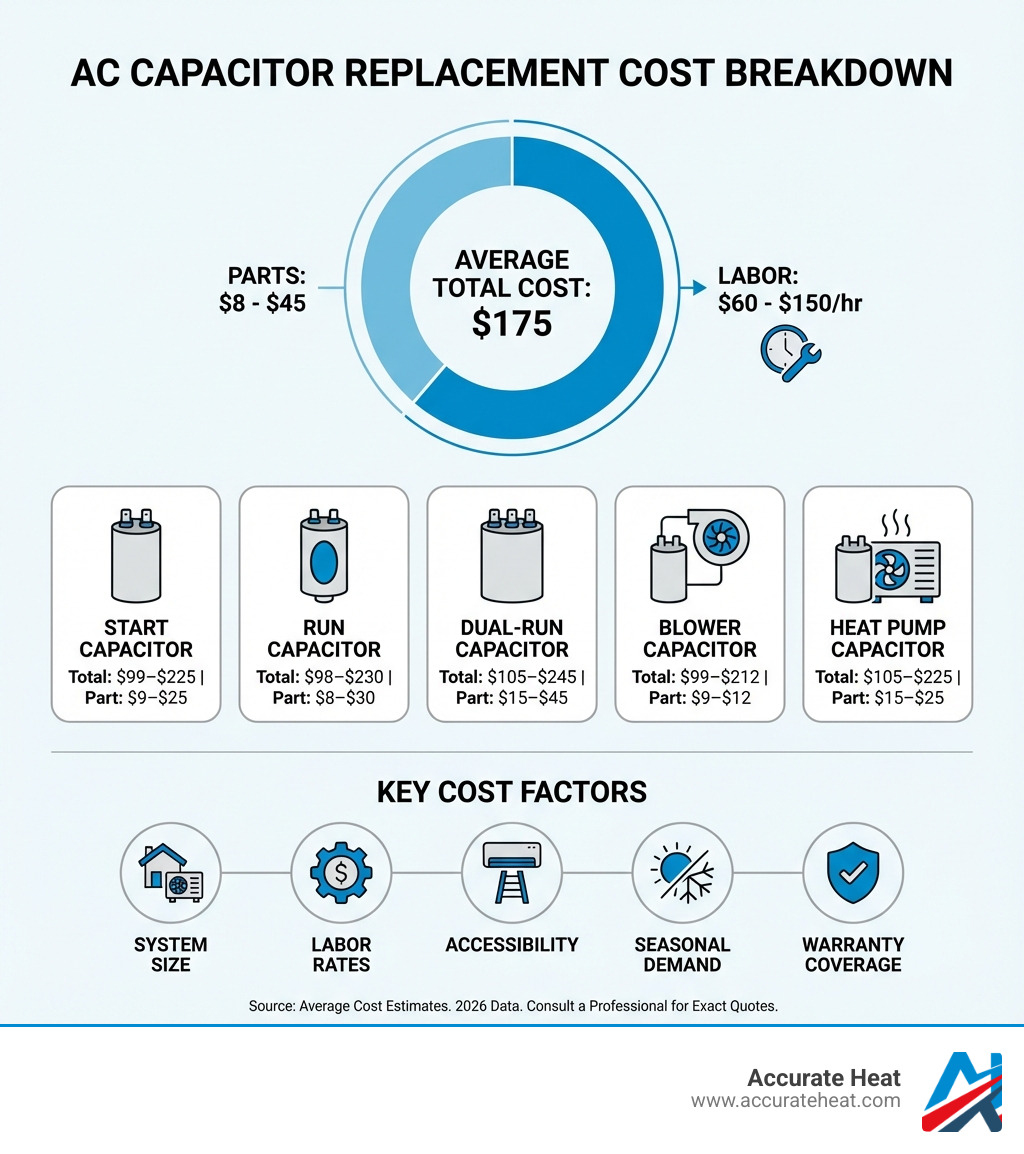 Infographic showing AC capacitor replacement cost breakdown: Average total cost of $175 split between parts ($8-$45) and labor ($60-$150/hour), with cost ranges for five capacitor types (Start, Run, Dual-Run, Blower, Heat Pump) and key cost factors including system size, labor rates, accessibility, seasonal demand, and warranty coverage - AC capacitor replacement cost infographic 