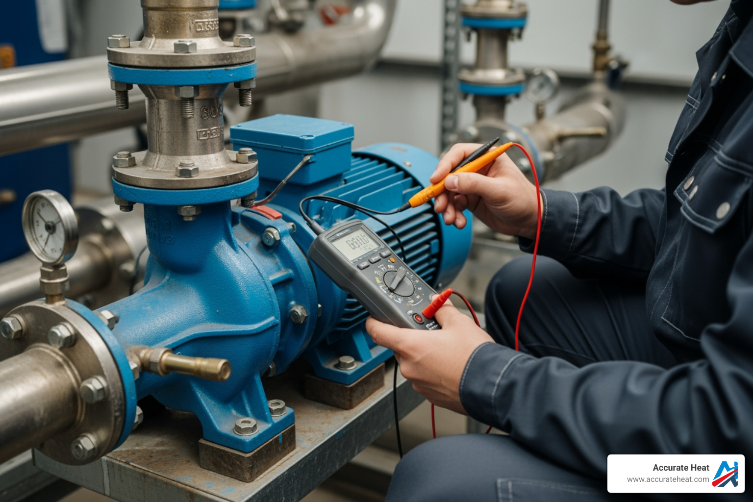 technician performing diagnostic test on pump - boiler feed pump repair services near me