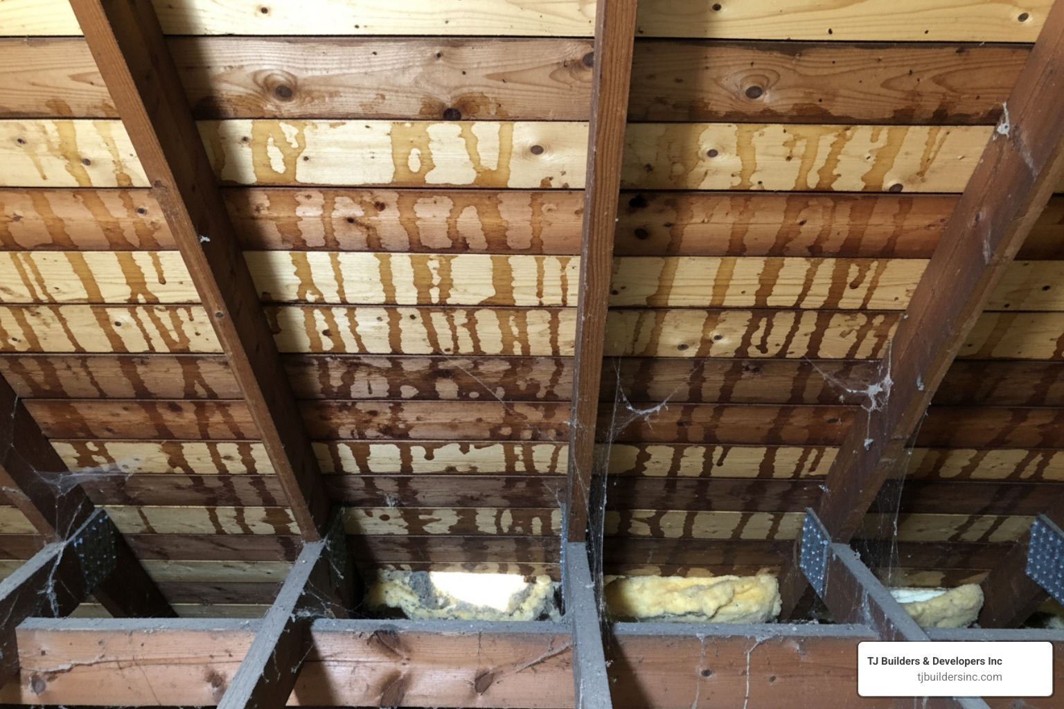 water stains on the underside of a roof deck in an attic - roof inspection