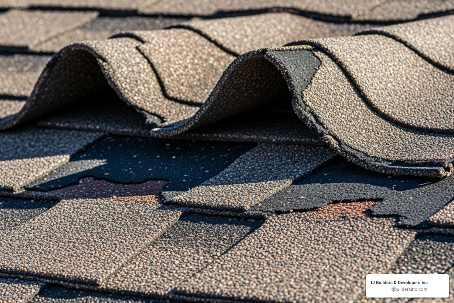 curling and cracked asphalt shingles with granule loss - roof inspection
