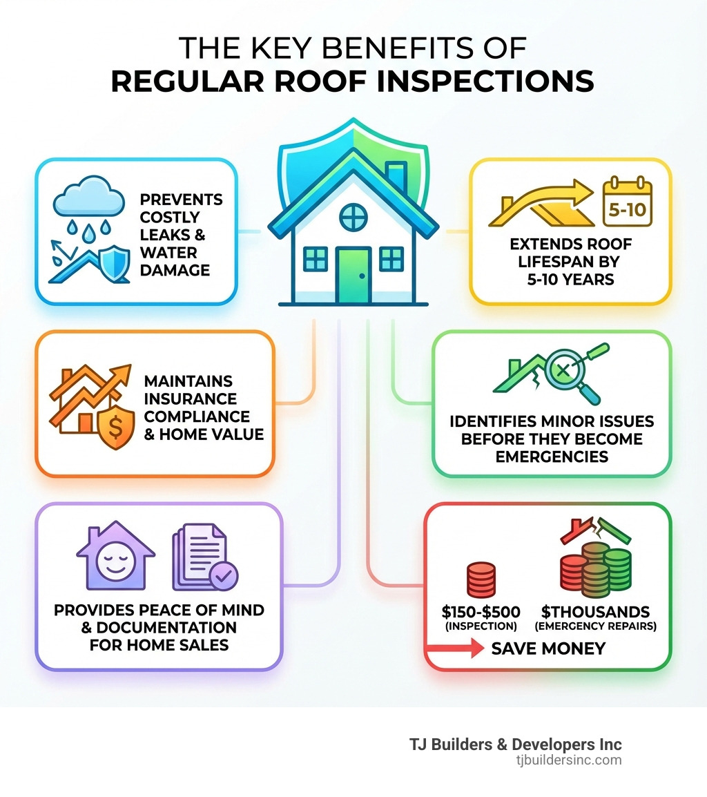 infographic showing the key benefits of regular roof inspections: prevents costly leaks and water damage, extends roof lifespan by 5-10 years, maintains insurance compliance and home value, identifies minor issues before they become emergencies, provides peace of mind and documentation for home sales, and costs $150-$500 vs. thousands in emergency repairs - roof inspection infographic 