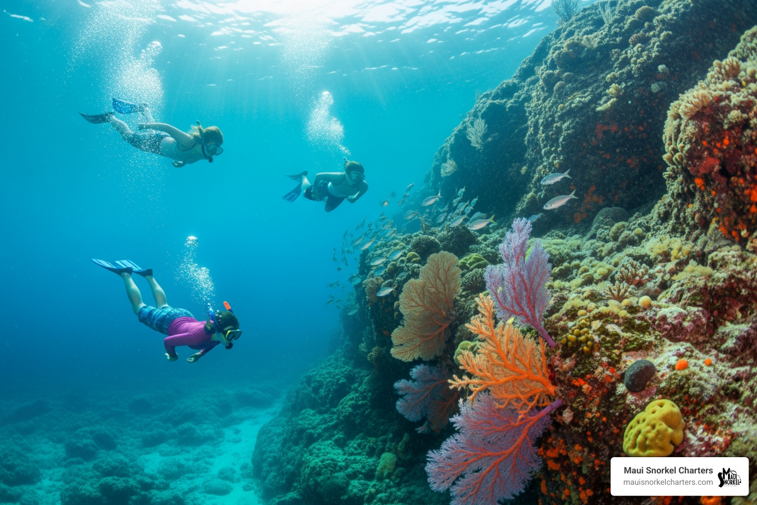 Snorkelers exploring along the rock wall at Black Rock - black rock beach maui snorkeling Snorkelers exploring along the rock wall at Black Rock - black rock beach maui snorkeling