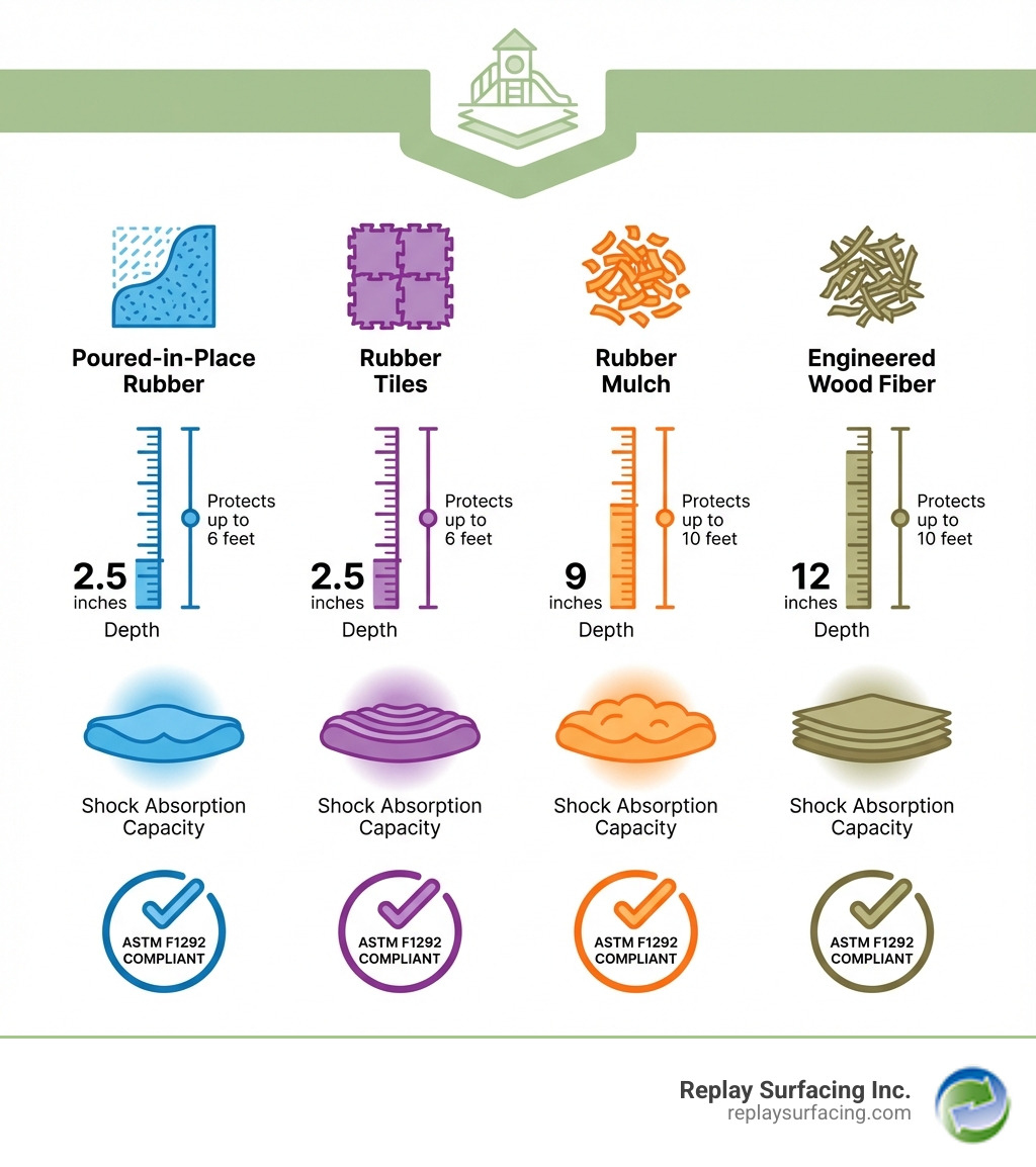 Infographic showing critical fall height ratings for different playground floor covering materials: Poured-in-Place Rubber at 2.5 inches protects up to 6 feet, Rubber Tiles at 2.5 inches protect up to 6 feet, Rubber Mulch at 9 inches protects up to 10 feet, and Engineered Wood Fiber at 12 inches protects up to 10 feet. Each material shows shock absorption capacity with visual indicators of fall protection levels and includes ASTM F1292 compliance badges. - playground floor covering in Raleigh, NC infographic Infographic showing critical fall height ratings for different playground floor covering materials: Poured-in-Place Rubber at 2.5 inches protects up to 6 feet, Rubber Tiles at 2.5 inches protect up to 6 feet, Rubber Mulch at 9 inches protects up to 10 feet, and Engineered Wood Fiber at 12 inches protects up to 10 feet. Each material shows shock absorption capacity with visual indicators of fall protection levels and includes ASTM F1292 compliance badges. - playground floor covering in Raleigh, NC infographic
