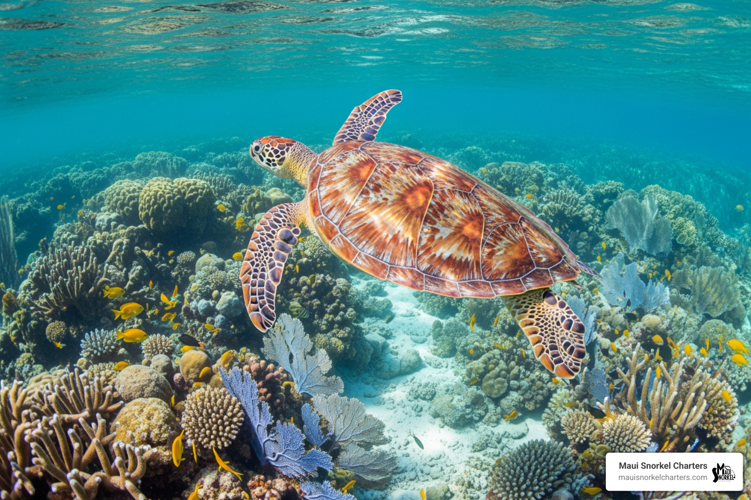 a green sea turtle swimming over the reef at Maluaka Beach - Easy snorkeling Maui a green sea turtle swimming over the reef at Maluaka Beach - Easy snorkeling Maui