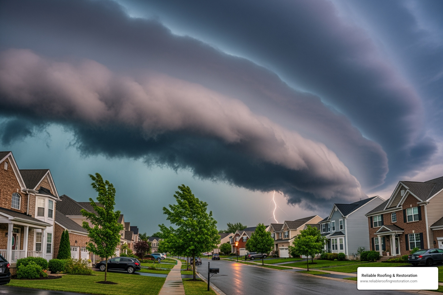 Stormy sky over a residential neighborhood - asphalt shingle roof repair near me missouri city tx