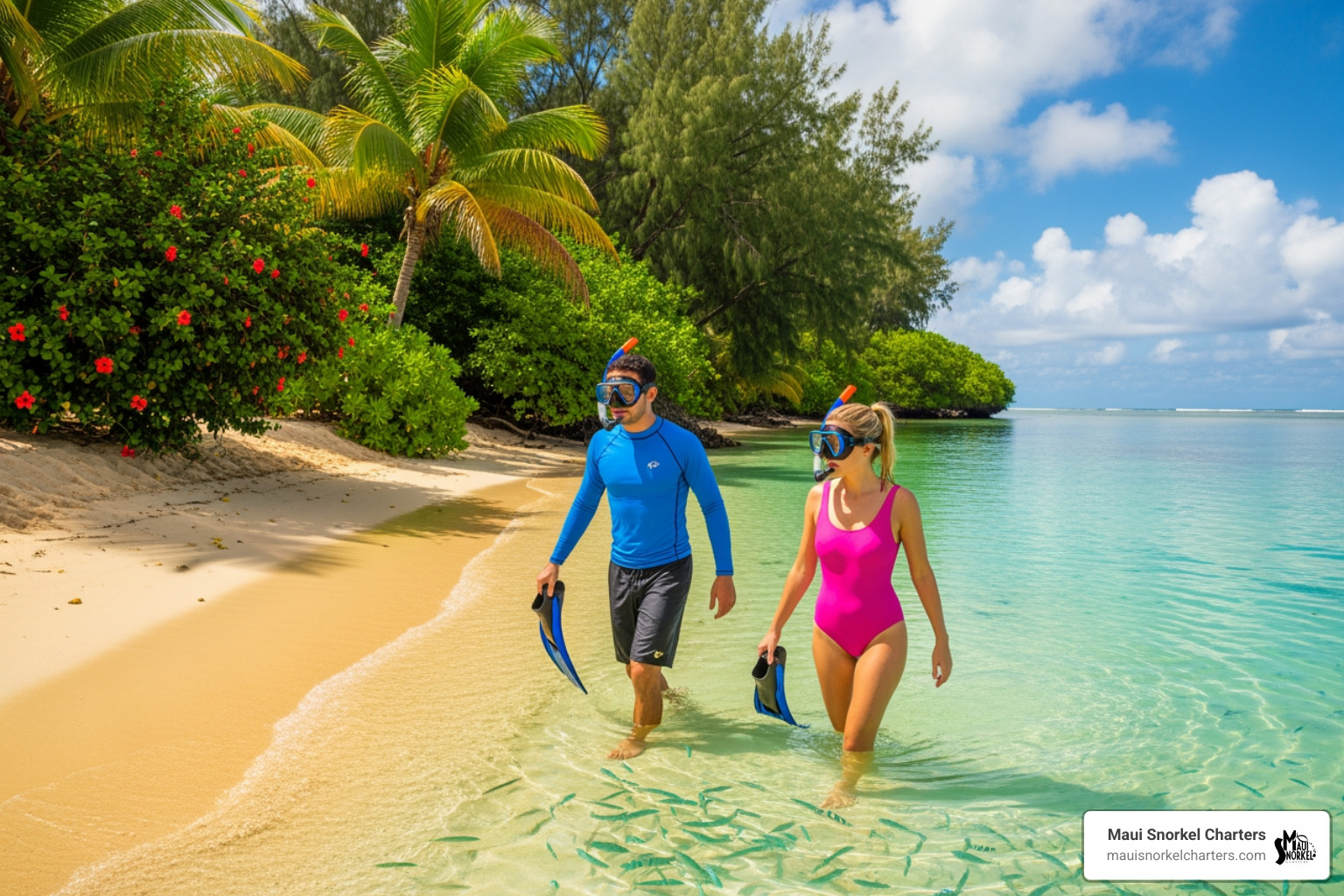 snorkelers entering the water from Maluaka Beach - turtle town maui