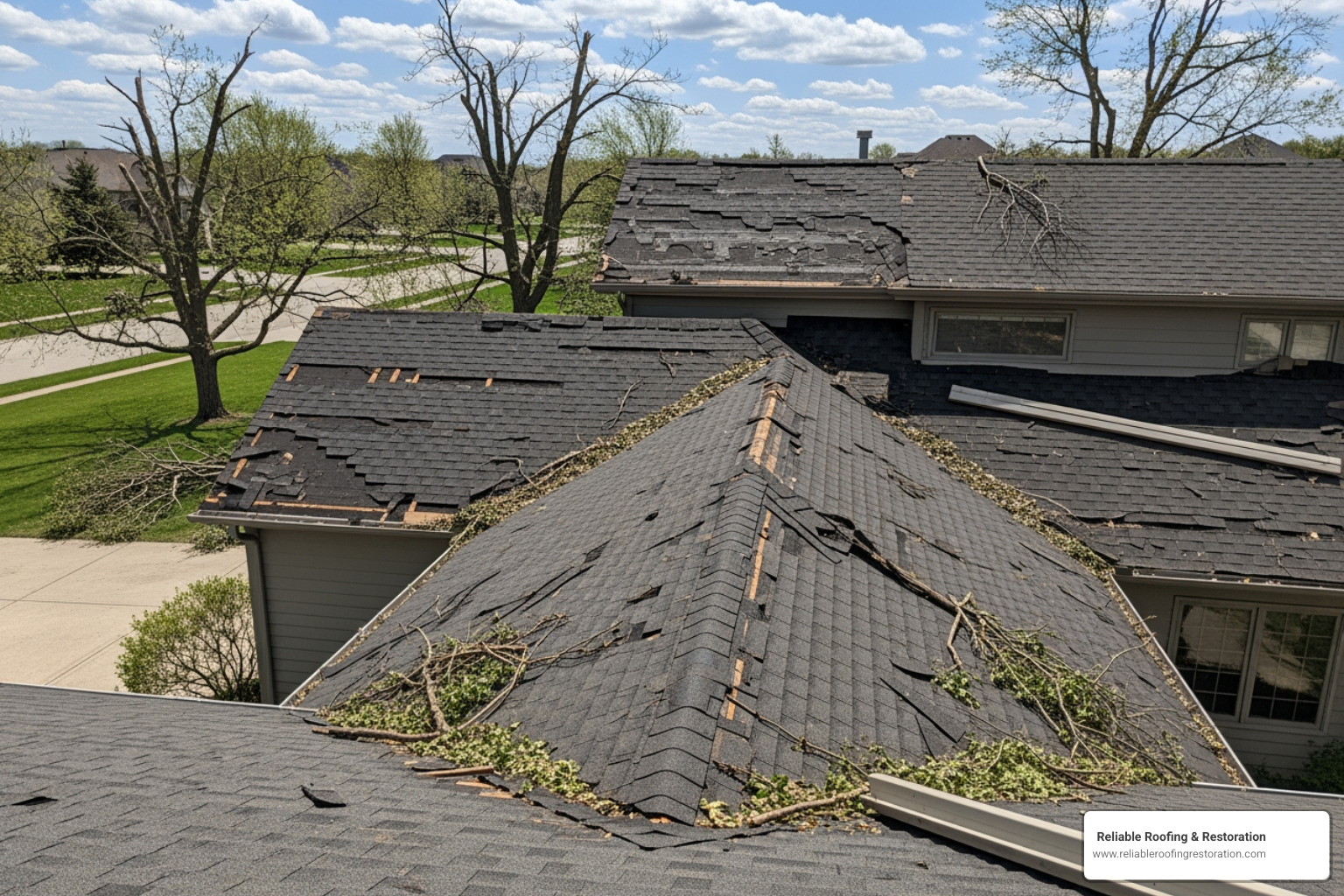 Image of a damaged roof after a storm - Roofing The Woodlands TX Image of a damaged roof after a storm - Roofing The Woodlands TX