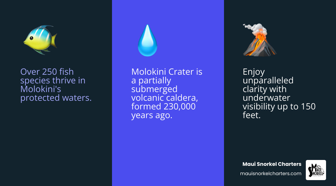 infographic showing molokini crater key facts: 150 feet visibility, 250 plus fish species, 38 coral species, 230000 years old, 23 acres size, 165 feet above sea level, 300 plus feet depth below surface, protected marine life conservation district - molokini crater snorkel trip infographic 3_facts_emoji_blue