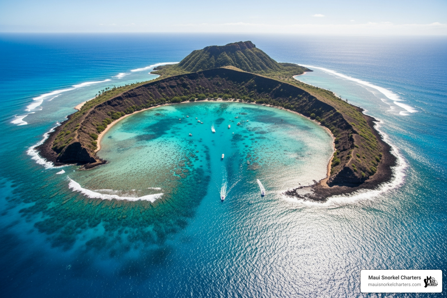 crescent-shaped Molokini Crater from above - best snorkeling maui