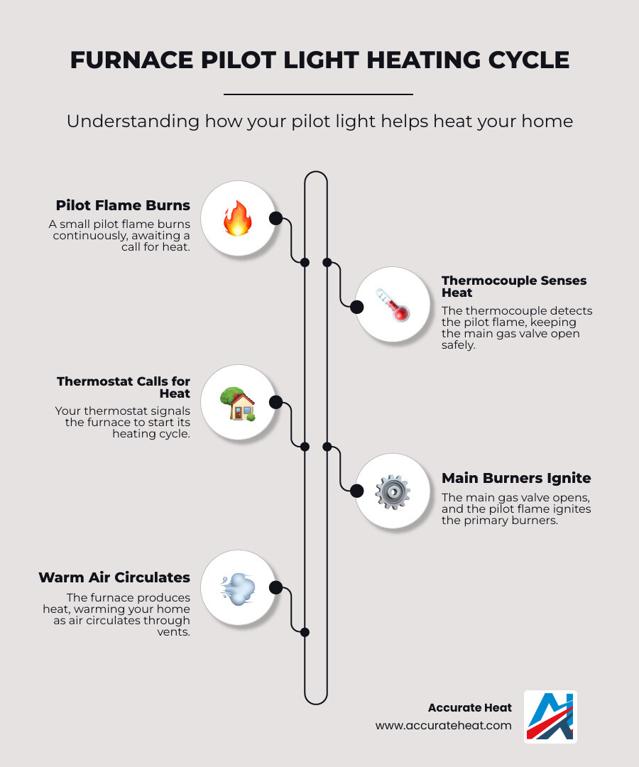 Infographic showing the pilot light heating cycle: 1) Pilot flame burns continuously 2) Thermocouple detects heat and keeps gas valve open 3) Thermostat calls for heat 4) Gas valve opens to main burners 5) Pilot ignites main burners 6) Furnace produces heat - furnace pilot light repair infographic infographic-line-5-steps-elegant_beige