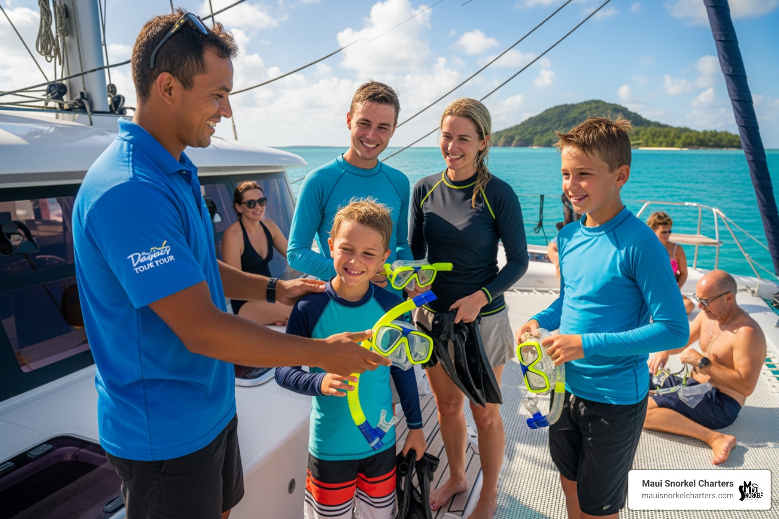 a family getting snorkel gear from a friendly crew member on a boat - molokini crater snorkel trip