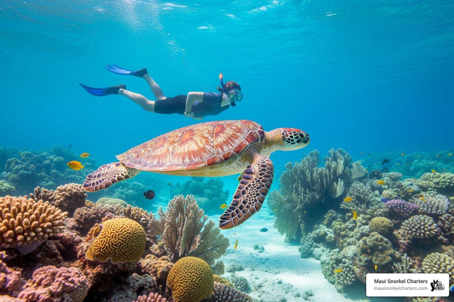 a snorkeler swimming alongside a Hawaiian green sea turtle - molokini crater snorkel trip