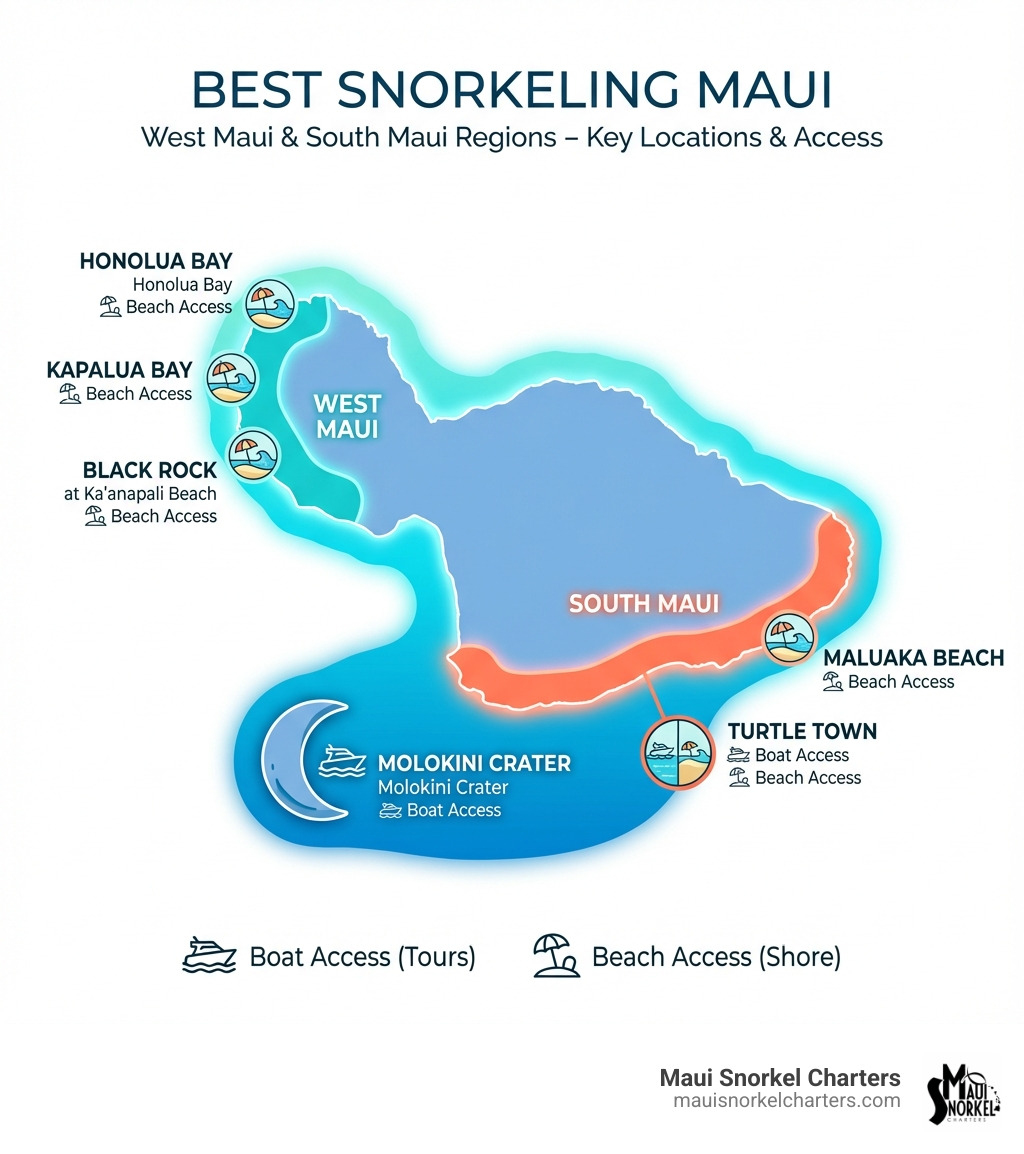 infographic showing a map of Maui with West Maui and South Maui regions highlighted, marking key snorkeling locations including Molokini Crater, Turtle Town, Kapalua Bay, Black Rock, Honolua Bay, and Maluaka Beach with icons for boat access vs beach access - best snorkeling maui infographic 