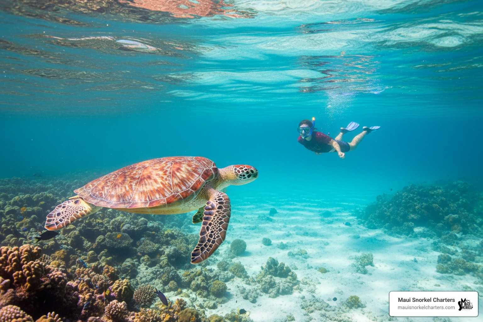 a snorkeler observing a sea turtle from a respectful distance in Kapalua Bay - kapalua bay turtles a snorkeler observing a sea turtle from a respectful distance in Kapalua Bay - kapalua bay turtles