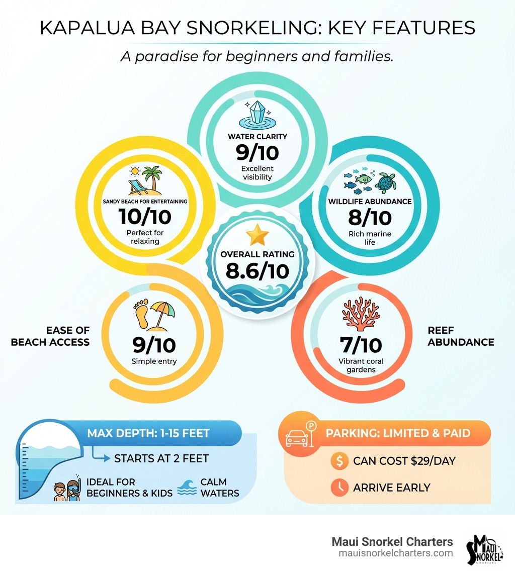 Infographic summarizing Kapalua Bay's key features for snorkeling: Water Clarity (9/10), Wildlife Abundance (8/10), Reef Abundance (7/10), Ease of Beach Access (9/10), Sandy Beach for Entertaining (10/10), Overall Rating (8.6/10). Max Depth 1-15 feet, starts at 2 feet. Ideal for beginners and kids due to calm waters. Parking is limited and can cost $29/day. - kapalua beach snorkel infographic 