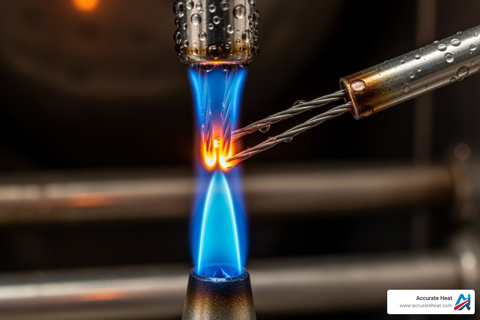 Thermocouple sensor correctly positioned in a strong blue pilot flame - furnace pilot light repair