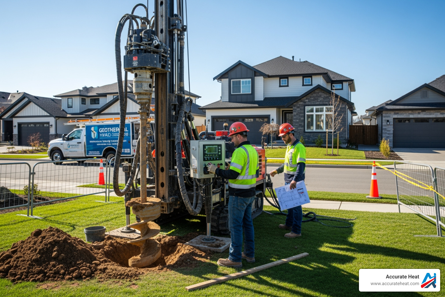 vertical drilling rig operating in residential yard - Geothermal HVAC installation