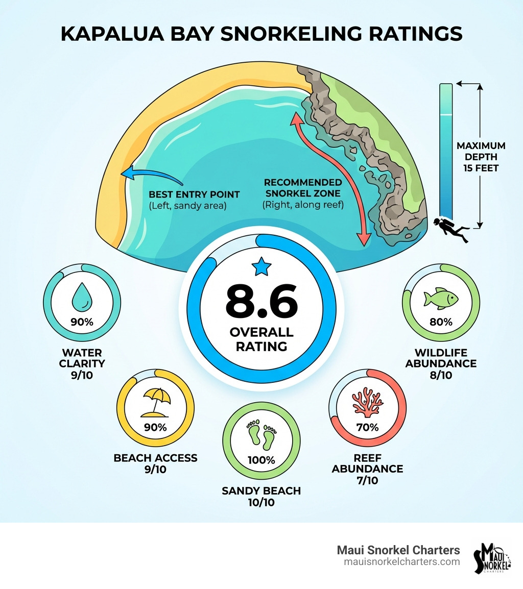 Infographic showing Kapalua Bay snorkeling ratings: Water Clarity 9/10, Wildlife Abundance 8/10, Reef Abundance 7/10, Beach Access 9/10, Sandy Beach 10/10, Overall Rating 8.6/10, Maximum Depth 15 feet, Best Entry Point left side sandy area, Recommended Snorkel Zone right side along reef - best snorkeling in kapalua infographic Infographic showing Kapalua Bay snorkeling ratings: Water Clarity 9/10, Wildlife Abundance 8/10, Reef Abundance 7/10, Beach Access 9/10, Sandy Beach 10/10, Overall Rating 8.6/10, Maximum Depth 15 feet, Best Entry Point left side sandy area, Recommended Snorkel Zone right side along reef - best snorkeling in kapalua infographic