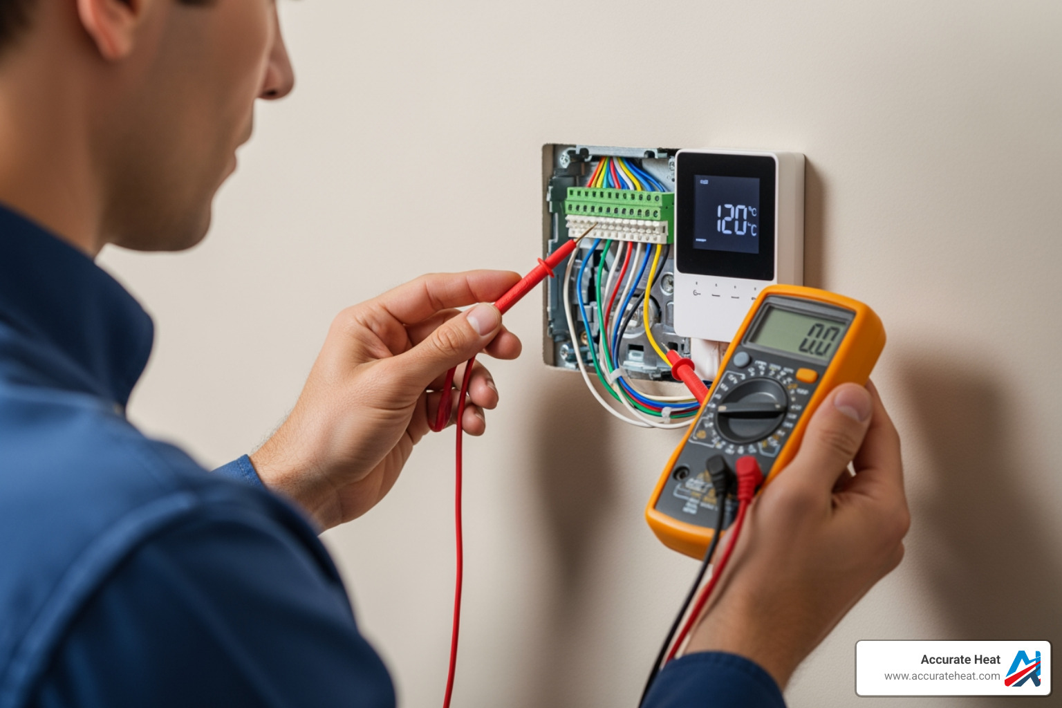 HVAC technician inspecting thermostat wiring - how much does it cost to install a smart thermostat