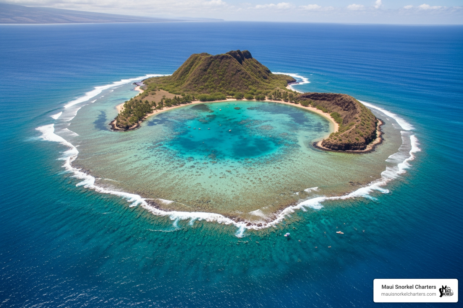 Aerial view of Molokini Crater, a crescent-shaped volcanic islet - Maui private snorkel charter