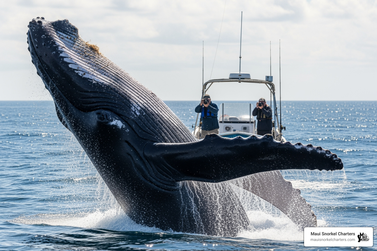 A humpback whale breaches out of the water near a small boat - Maui private snorkel charter