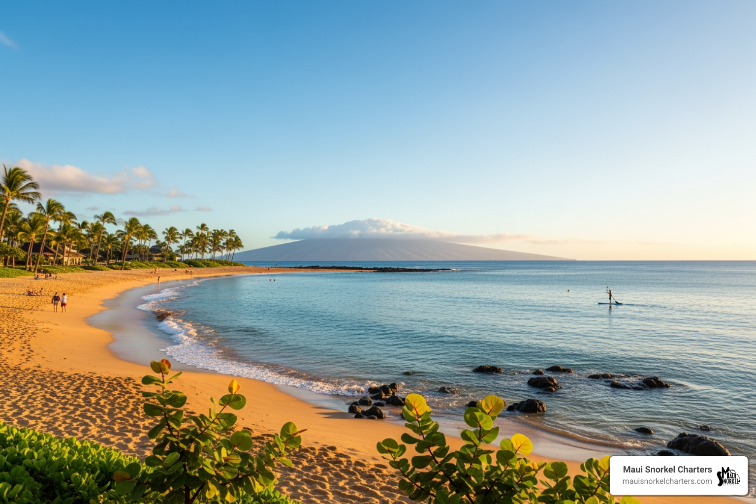 A calm, sunny morning at a South Maui beach like Wailea - Maui snorkel reviews