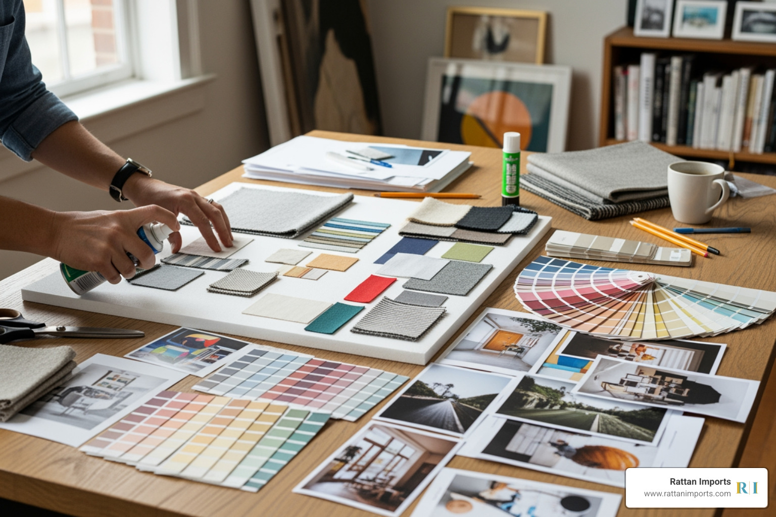 person creating a physical mood board with fabric swatches, paint chips, and photos - home aesthetic