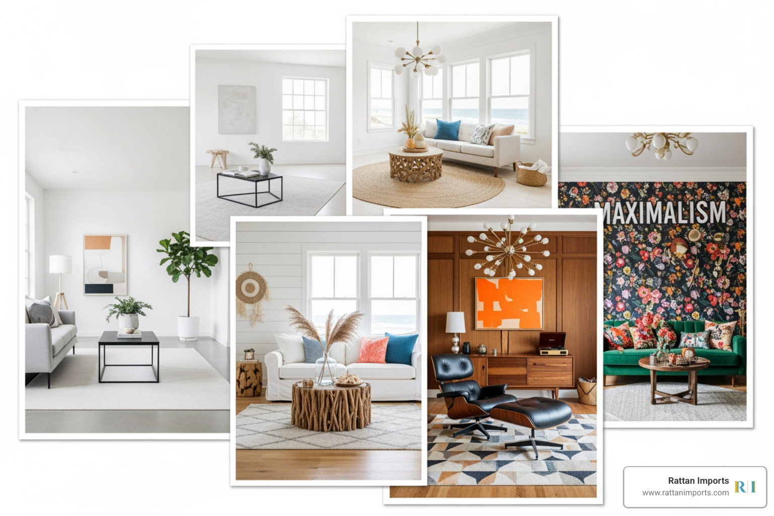 collage showcasing 4-5 different design styles (e.g., Minimalist, Coastal, Mid-Century Modern, Maximalism) - home aesthetic