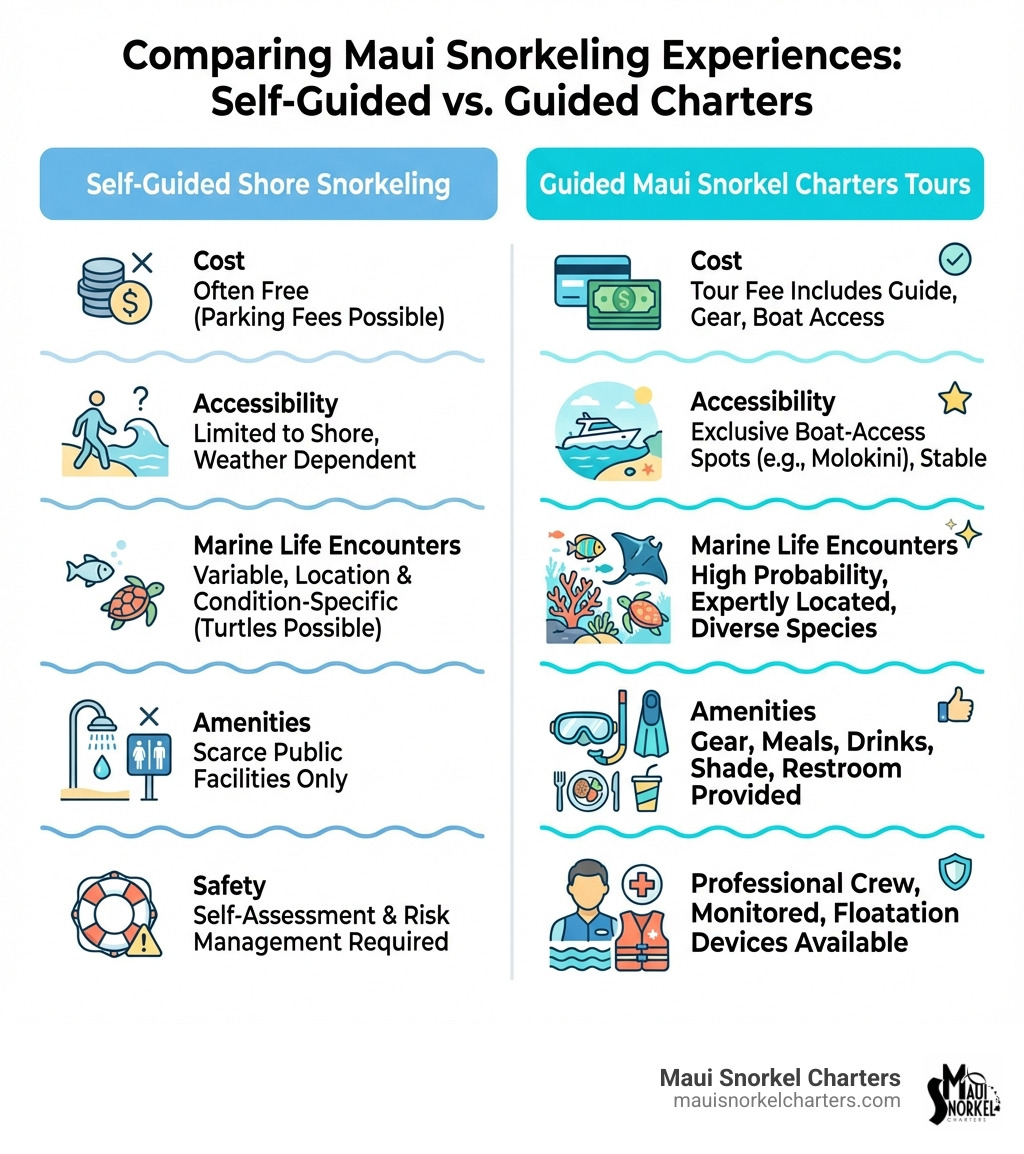 Table comparing Self-Guided Shore Snorkeling vs. Guided Maui Snorkel Charters Tours on factors like Cost, Accessibility, Marine Life Encounters, Amenities, and Safety - Maui snorkel reviews infographic 