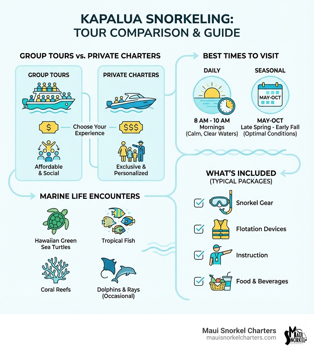 Kapalua snorkeling tour comparison showing group tours versus private charters, best times to visit, marine life encounters, and what's included in typical packages - Kapalua snorkeling tours infographic Kapalua snorkeling tour comparison showing group tours versus private charters, best times to visit, marine life encounters, and what's included in typical packages - Kapalua snorkeling tours infographic