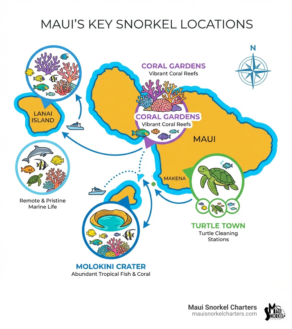 Infographic showing a map of Maui's key snorkel locations including Molokini Crater off the southwest coast, Turtle Town along the South Maui shoreline near Makena, Coral Gardens on the West Maui coast, and Lanai Island to the west, with icons indicating marine life like turtles, fish, and coral at each location - Maui snorkel adventures infographic Infographic showing a map of Maui's key snorkel locations including Molokini Crater off the southwest coast, Turtle Town along the South Maui shoreline near Makena, Coral Gardens on the West Maui coast, and Lanai Island to the west, with icons indicating marine life like turtles, fish, and coral at each location - Maui snorkel adventures infographic