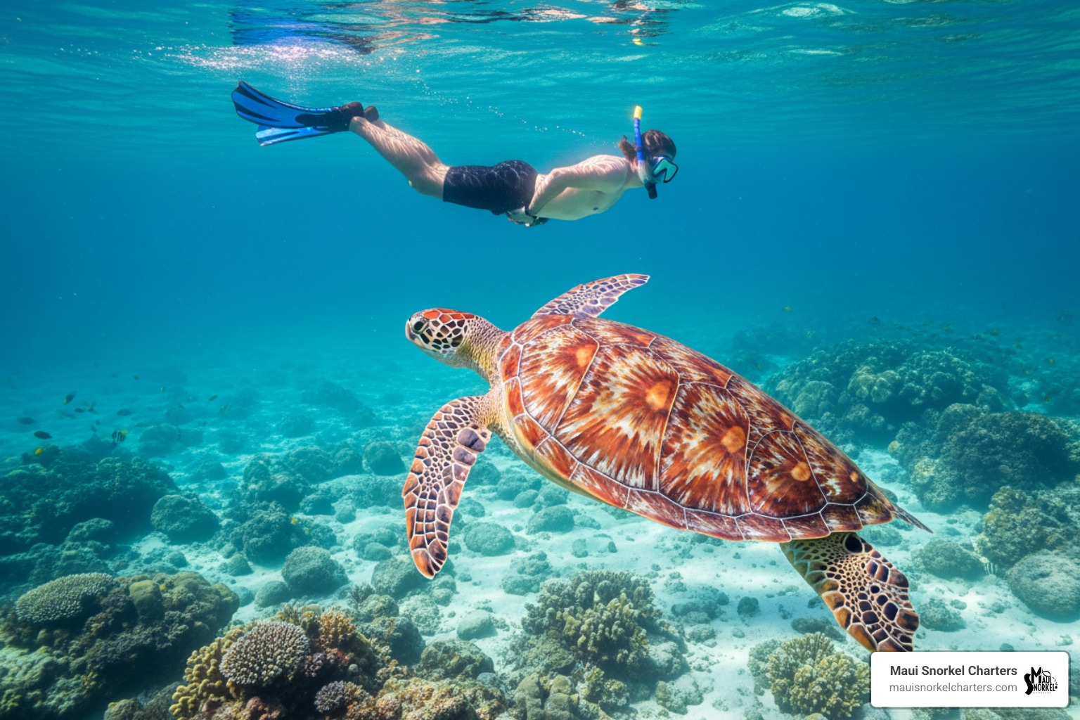 A snorkeler observing a Hawaiian Green Sea Turtle from a respectful distance at Black Rock, Maui - black rock beach maui turtles A snorkeler observing a Hawaiian Green Sea Turtle from a respectful distance at Black Rock, Maui - black rock beach maui turtles