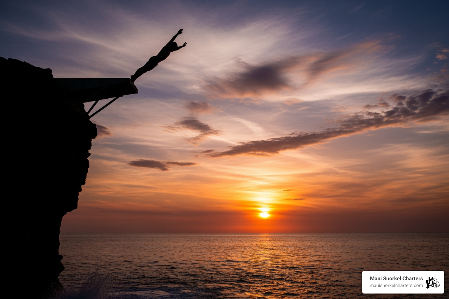 A cliff diver silhouetted against a vibrant sunset sky at Black Rock, Maui - black rock beach maui turtles A cliff diver silhouetted against a vibrant sunset sky at Black Rock, Maui - black rock beach maui turtles