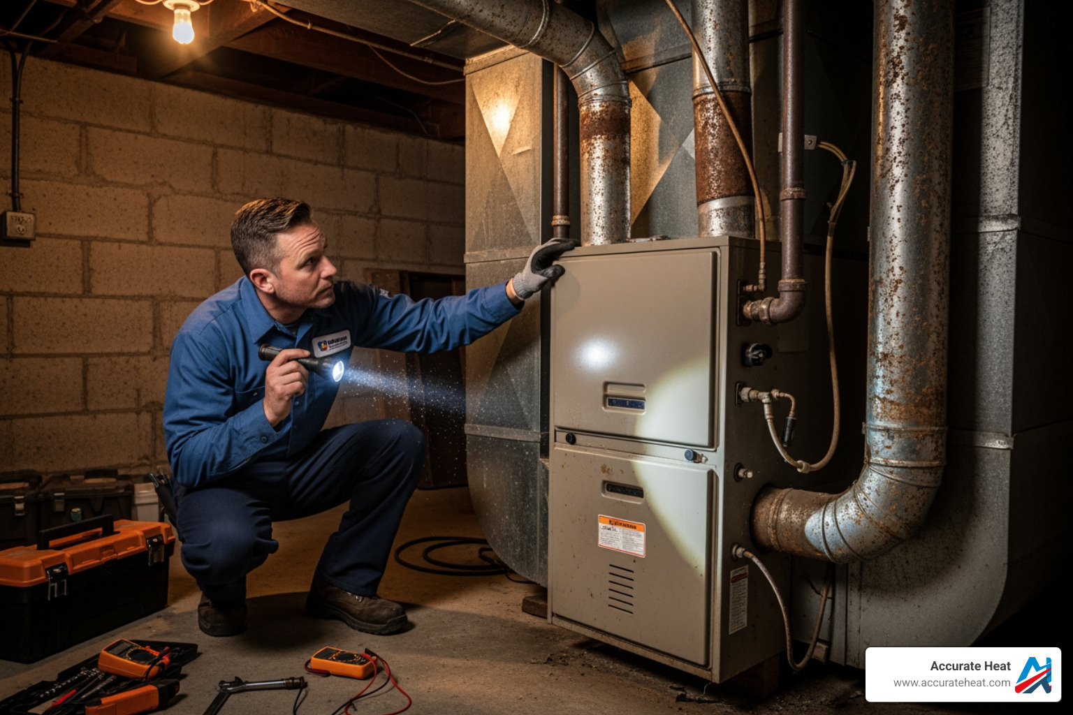 technician inspecting old furnace and ductwork - newton furnace installation technician inspecting old furnace and ductwork - newton furnace installation