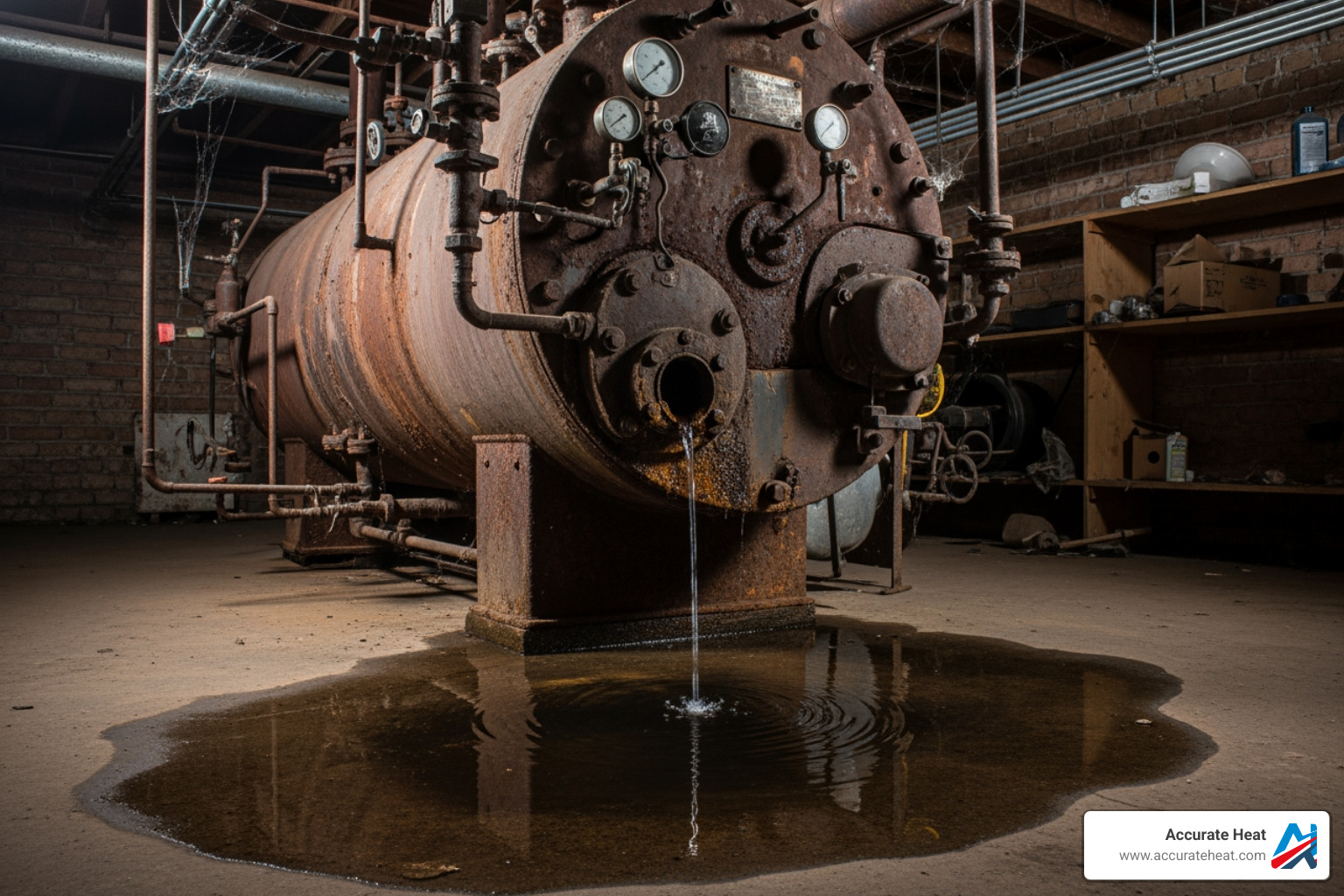 Old, rusted boiler with a visible water leak on the floor - new boiler replacement