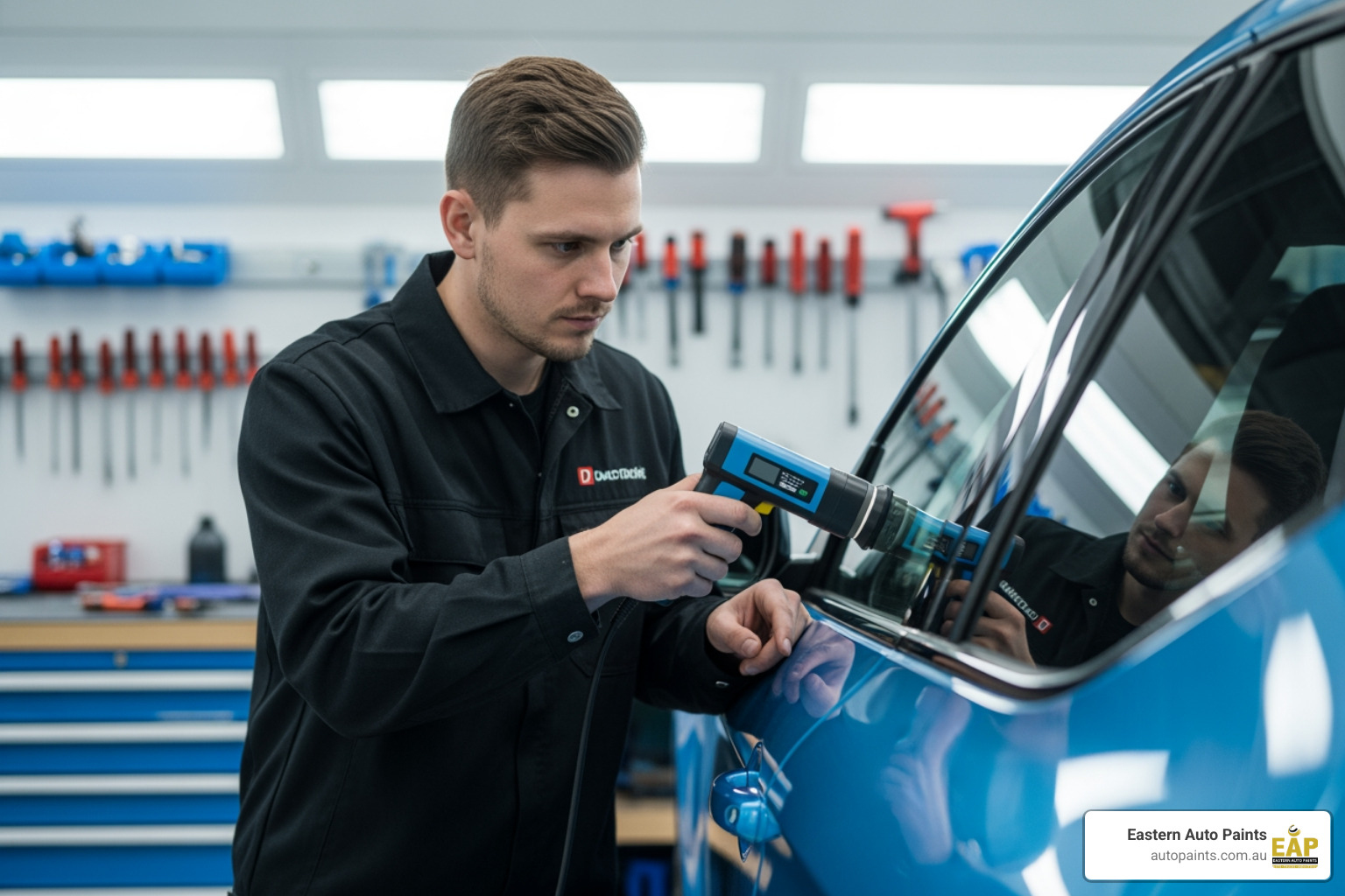 technician using a spectrophotometer on a car door - Colour Matching