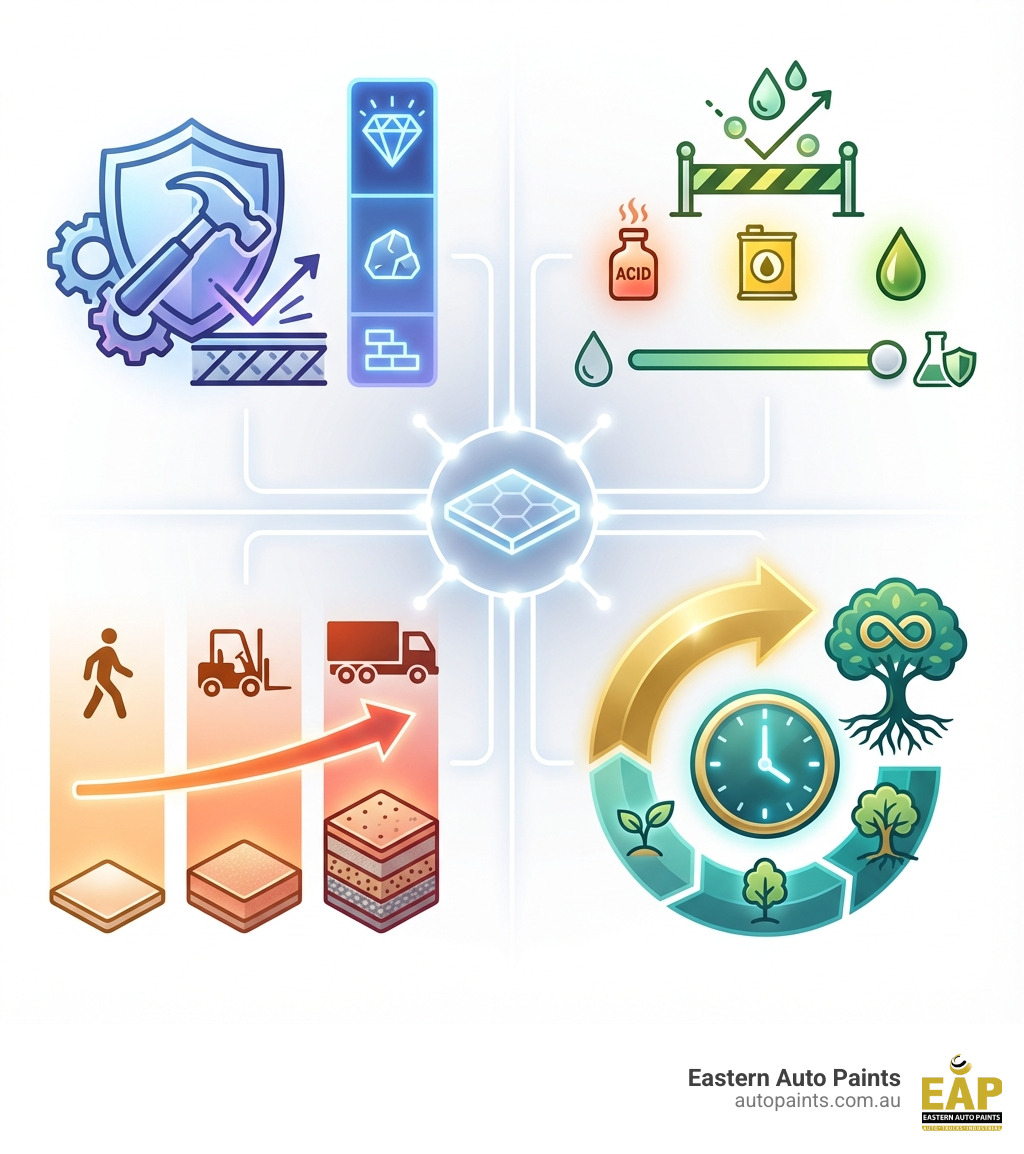 infographic showing epoxy floor coating benefits including durability ratings, chemical resistance levels, traffic capacity by system type, and typical lifespan expectations - industrial epoxy floor paint infographic 