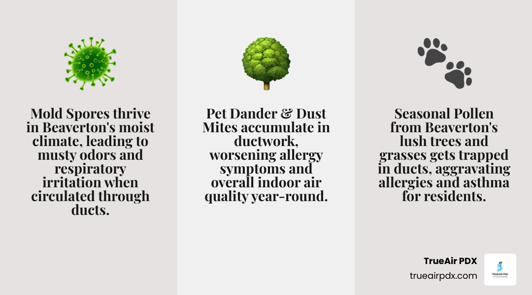 Infographic showing common air duct contaminants in Beaverton homes including dust mites, mold spores from Pacific Northwest moisture, seasonal pollen from local trees and grasses, pet dander, bacteria and viruses, and construction debris, with percentages of buildup and health impacts for each contaminant type - air duct cleaning Beaverton infographic 3_facts_emoji_grey