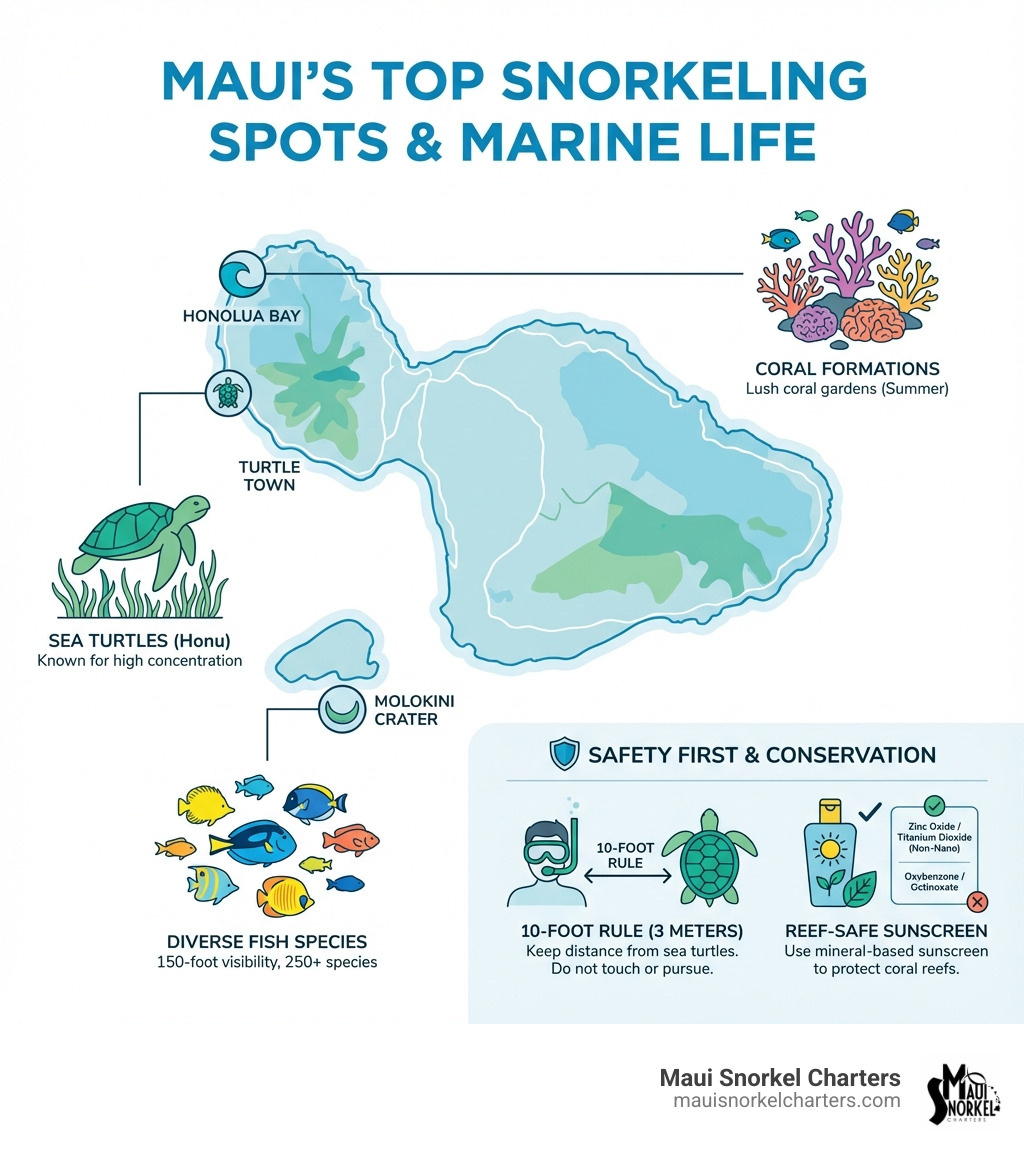Infographic showing Maui's top snorkeling locations on a map with icons for marine life typically seen at each spot, including sea turtles at Turtle Town, diverse fish species at Molokini Crater, and coral formations at Honolua Bay, plus safety icons showing the 10-foot rule for turtles and reef-safe practices - best snorkeling spots in maui infographic 