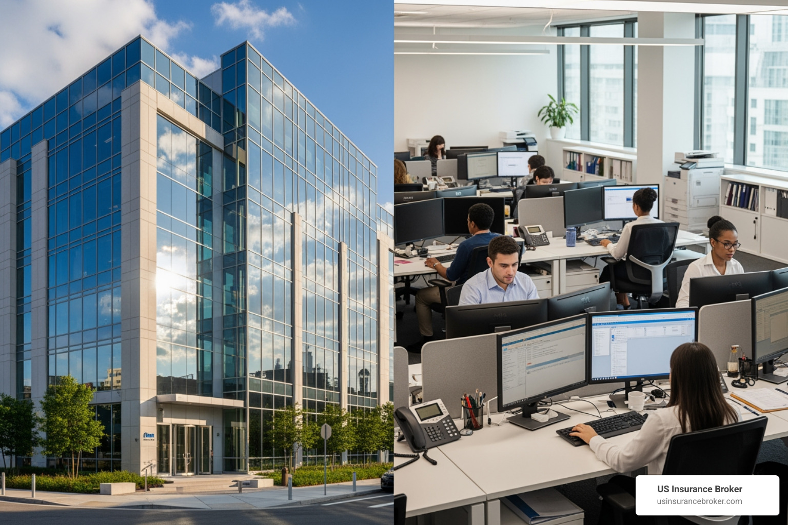 split screen showing a building exterior (landlord's responsibility) and an office interior with equipment (tenant's responsibility) - office space renters insurance split screen showing a building exterior (landlord's responsibility) and an office interior with equipment (tenant's responsibility) - office space renters insurance