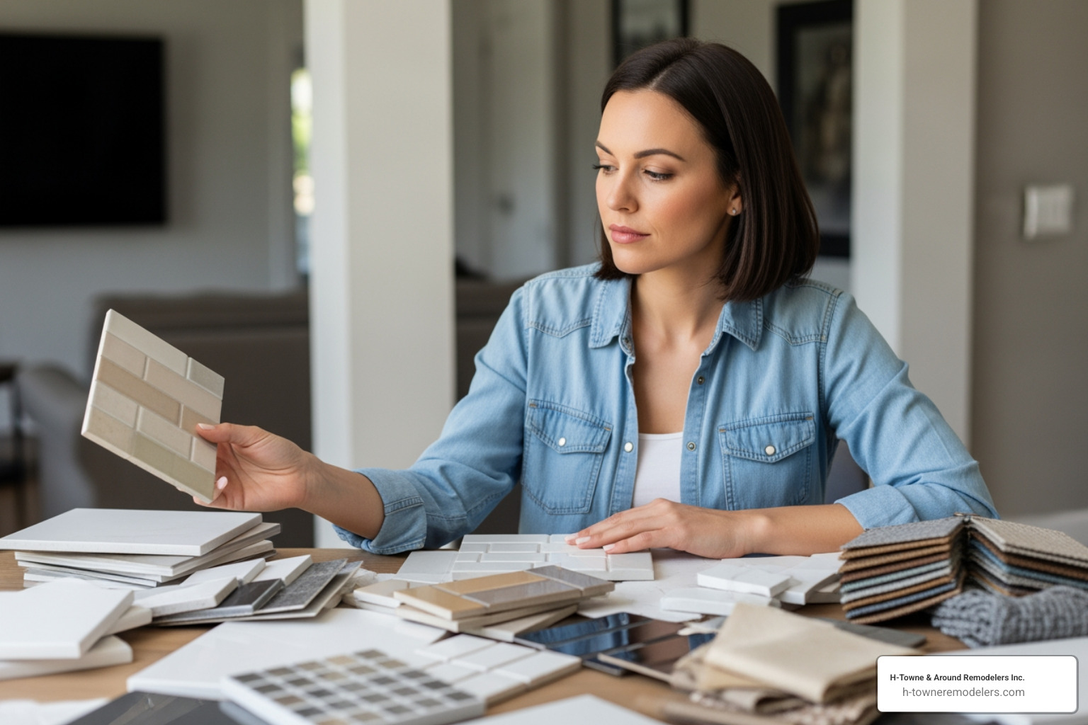 a homeowner reviewing material samples like tile and countertops. - remodeling services houston a homeowner reviewing material samples like tile and countertops. - remodeling services houston