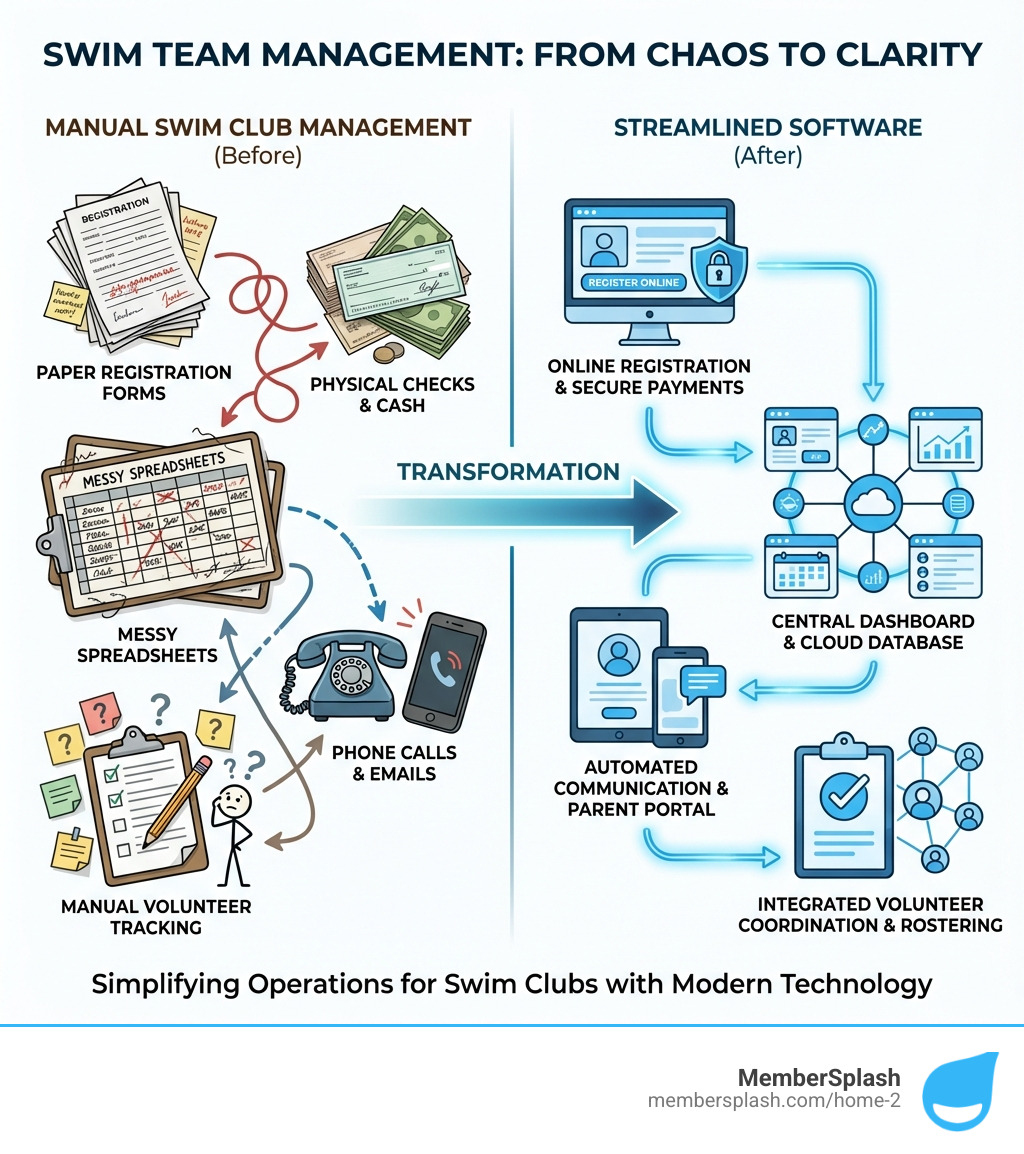 infographic showing the transformation from manual swim club management (paper registration forms, physical checks, messy spreadsheets, phone calls, manual volunteer tracking) to streamlined software (online registration, automated payments, central dashboard) - swim team software infographic 