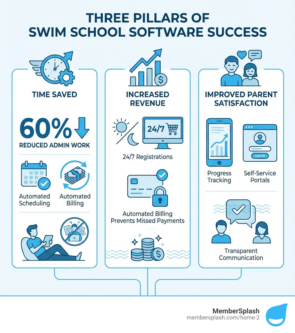 Infographic showing three pillars of swim school software success: Time Saved (automated scheduling and billing reduces admin work by 60%), Increased Revenue (online booking captures 24/7 registrations, automated billing prevents missed payments), and Improved Parent Satisfaction (self-service portals and progress tracking create transparent communication) - swim school software infographic 